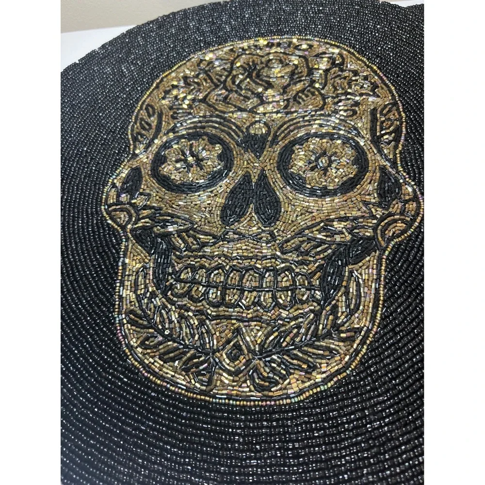 Tahari Home Skull Beaded Charger Placemats Set of 2 Black Gold 15in Gothic